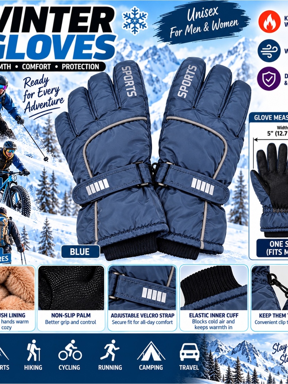 Unisex Winter Blue  Gloves  Warm Plush Lined Adjustable Outdoor Ski Snow